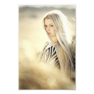 Elegant Blonde Girl in White and Black Dress  Fine Photo Print