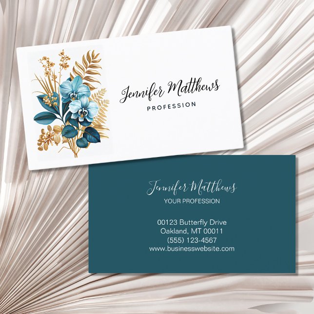 Elegant Bloom Blue Gold Orchid Floral Business Card (Creator Uploaded)
