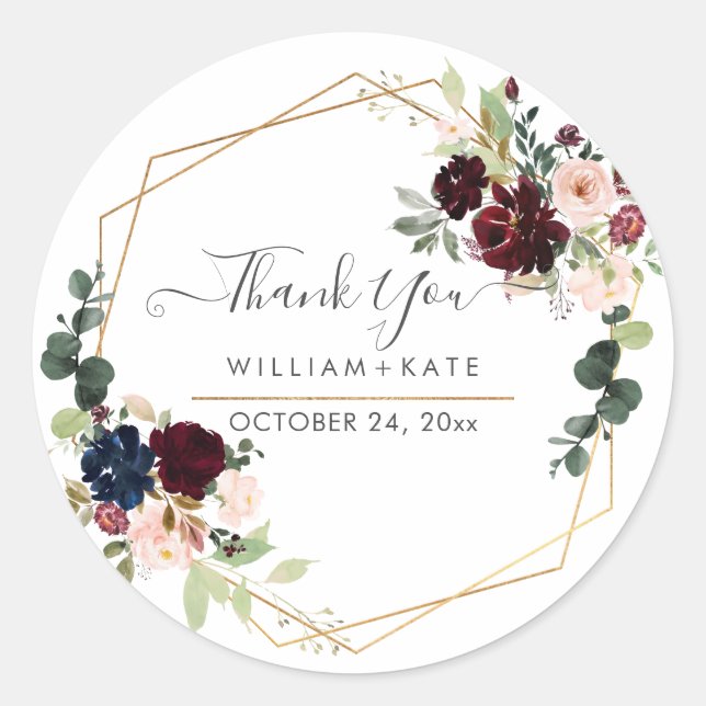 Elegant Bloom Blush Burgundy Eucalyptus Thank You Classic Round Sticker (Front)