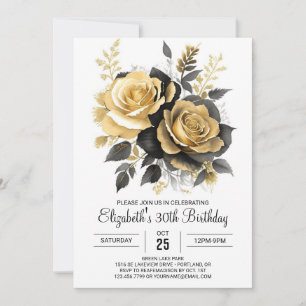 Elegant Bloom Gold and Black 30th Birthday Invitation