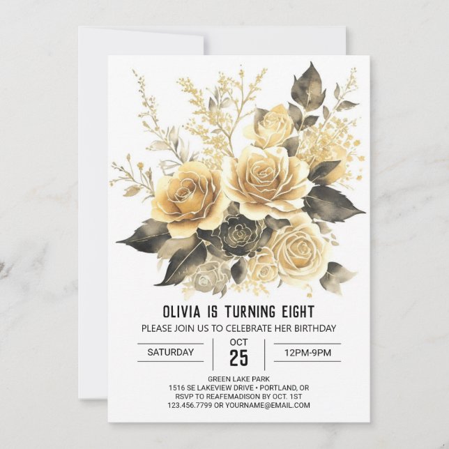 Elegant Bloom Gold and Black Birthday Invitation (Front)