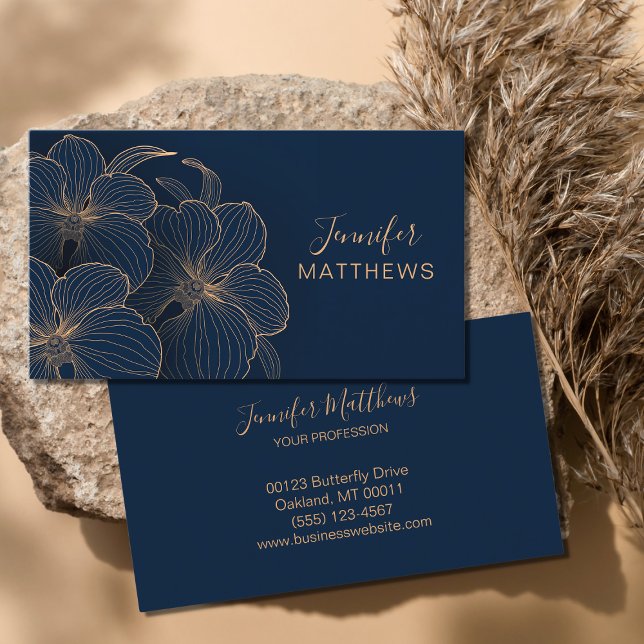 Elegant Bloom Navy Gold Orchid Floral Business Card (Creator Uploaded)