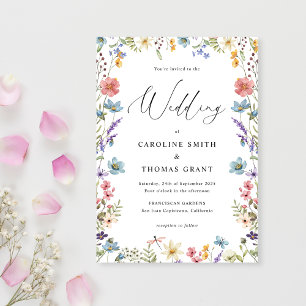 Elegant Bloom Wildflower Romantic Script Wedding Invitation