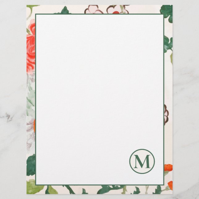 Elegant Blooming Floral Monogrammed Stationery Custom Letterhead (Front)