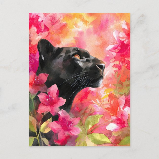 Elegant Blooming Floral Wild Black Panther Announcement Postcard (Front)