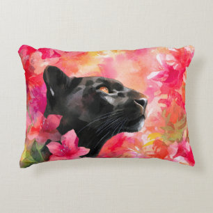 Elegant Blooming Floral Wild Black Panther Decorative Cushion