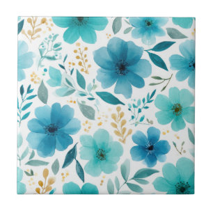 Elegant Blooming Flowers Blue Botanical Watercolor Tile