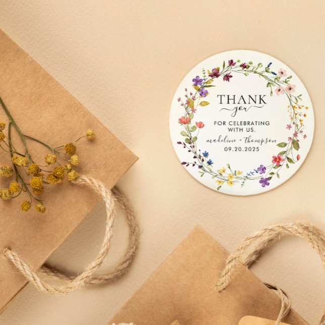 Elegant Blooming Wild Flower Wreath Thank you Classic Round Sticker (Creator Uploaded)