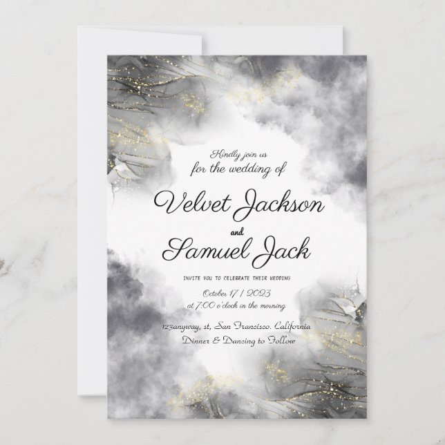 Elegant Blooms - Black Flower Border Wedding Invitation (Front)