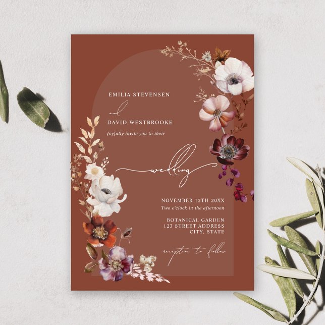 Elegant Blooms Floral Arch Dark Terracotta Wedding Invitation (Creator Uploaded)