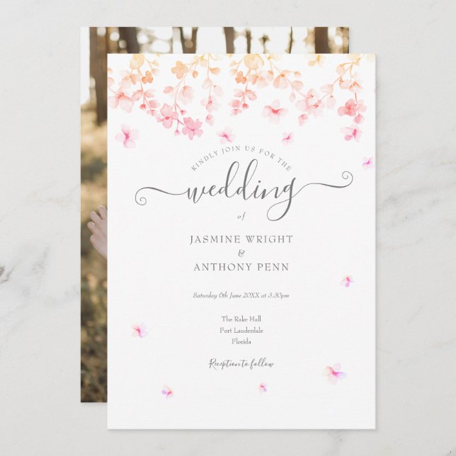 Elegant Blossom Floral Photo Wedding Invitation (Front/Back)