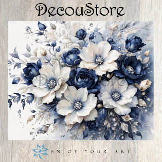 Elegant Blossoms in Blue & White Decoupage Tissue Paper