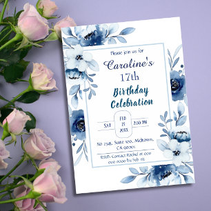 Elegant blue 17th birthday floral shades of blue invitation