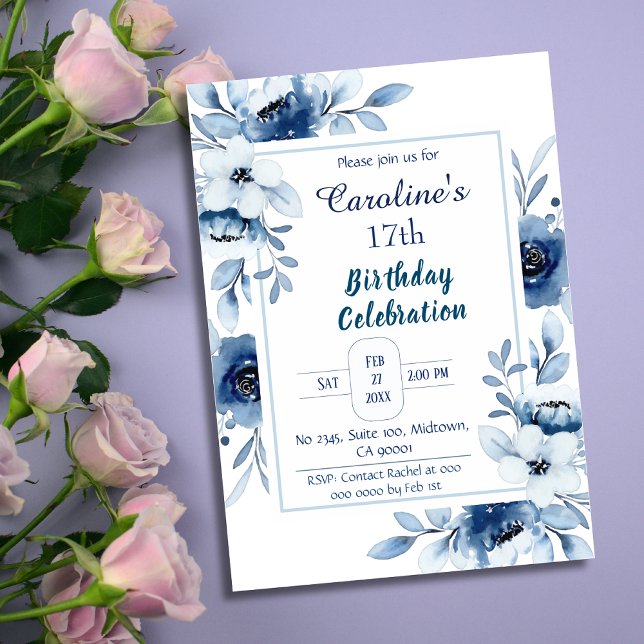 Elegant blue 17th birthday floral shades of blue  invitation (Creator Uploaded)