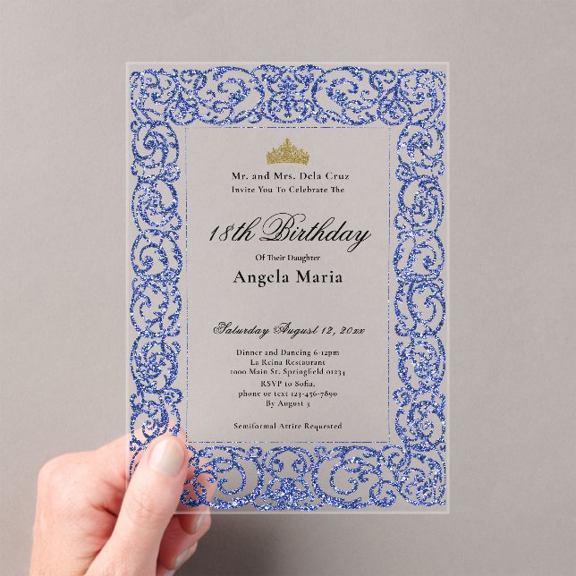 Elegant Blue 18th Birthday Debut Acrylic Invitations (Insitu (Handheld))