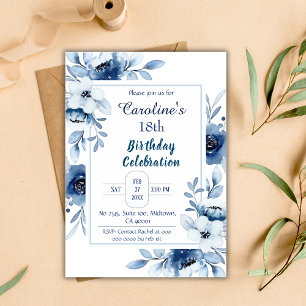 Elegant blue 18th birthday floral shades of blue  invitation