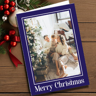 Elegant Blue 2 photo Family Merry Christmas Script Holiday Card