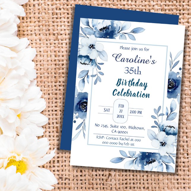 Elegant blue 35th birthday floral shades of blue  invitation (Creator Uploaded)
