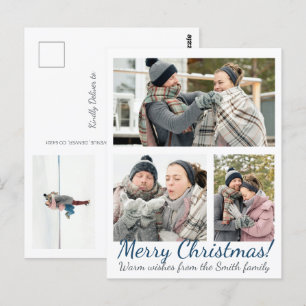 Elegant Blue 3 Photo Calligraphy Holiday Christmas Postcard