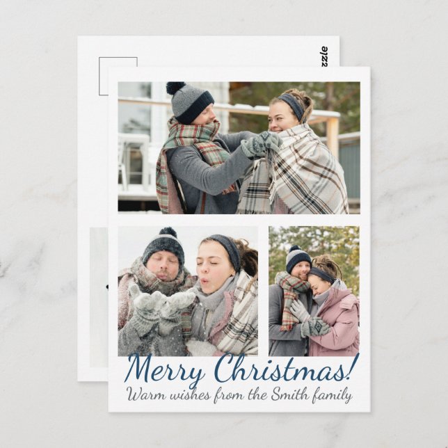 Elegant Blue 3 Photo Calligraphy Holiday Christmas Postcard (Front/Back)