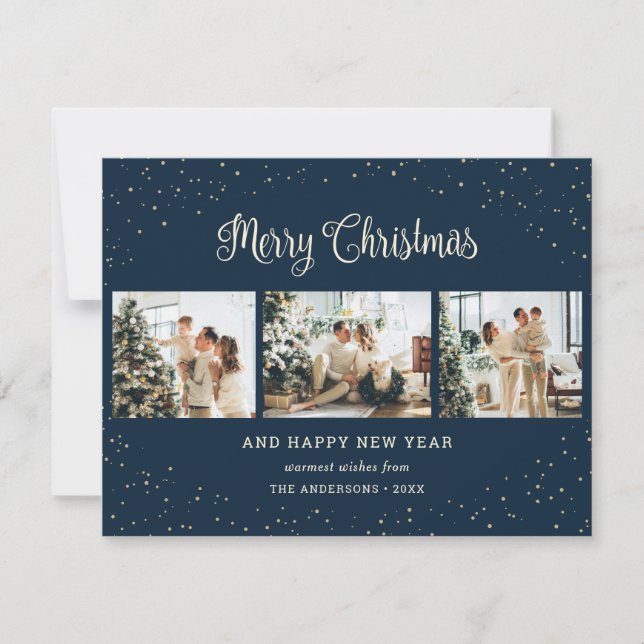 Elegant Blue 3 Photo Merry Christmas Cards (Front)
