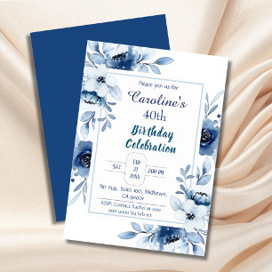 Elegant blue 40th birthday floral shades of blue  invitation