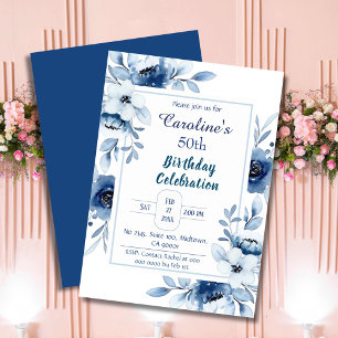 Elegant blue 50th birthday floral shades of blue invitation