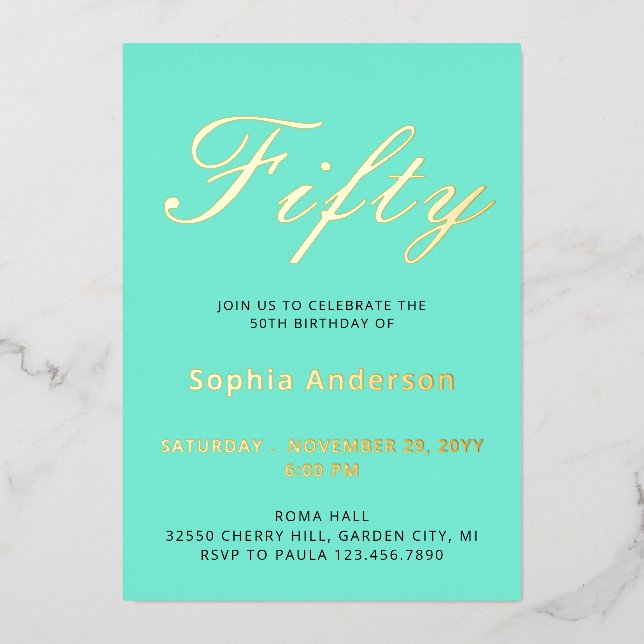 Elegant Blue 50th Birthday Foil Invitation (Front)