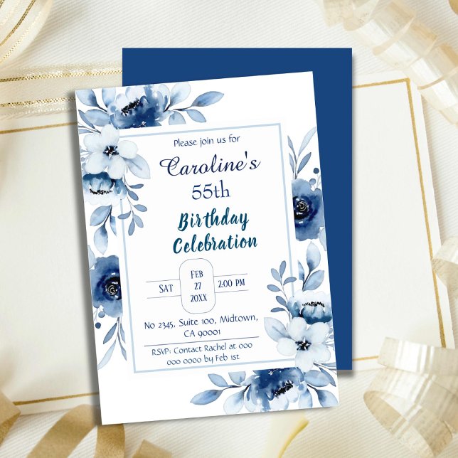 Elegant blue 55th birthday floral shades of blue invitation (Creator Uploaded)