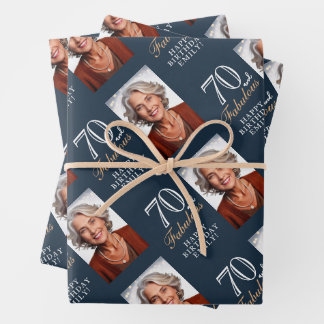 Elegant Blue 70 and Fabulous 70th Birthday Photo Wrapping Paper Sheet