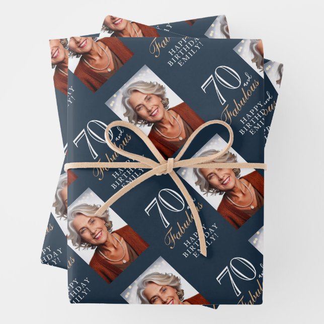 Elegant Blue 70 and Fabulous 70th Birthday Photo Wrapping Paper Sheet (In situ)