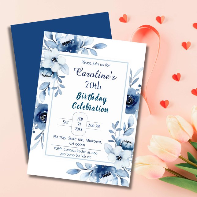 Elegant blue 70th birthday floral shades of blue invitation (Creator Uploaded)