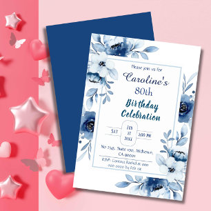 Elegant blue 80th birthday floral shades of blue invitation