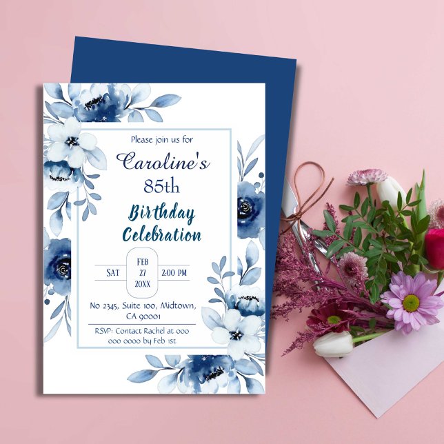 Elegant blue 85th birthday floral shades of blue invitation (Front/Back )