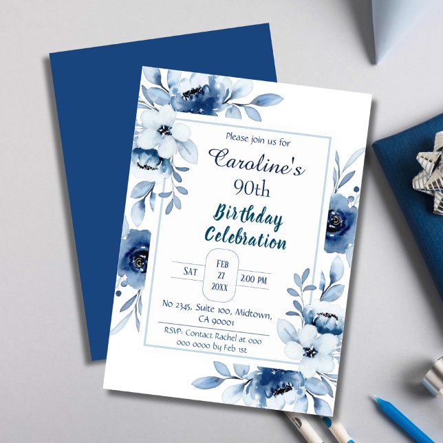 Elegant blue 90th birthday floral shades of blue invitation (Creator Uploaded)