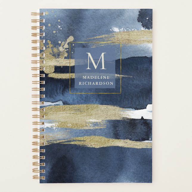 Elegant Blue | Abstract Gold with Monogram Planner (Front)