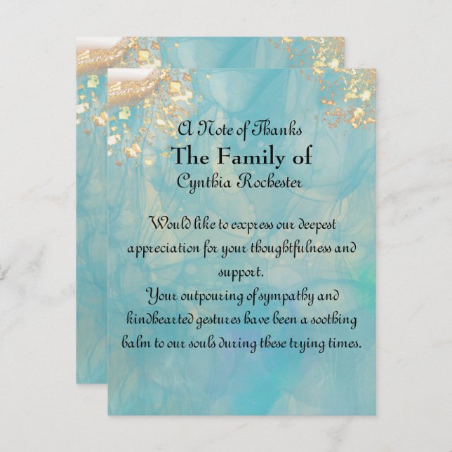 Elegant Blue Abstract Ocean Marble Memorial Thank You Card (Front/Back)