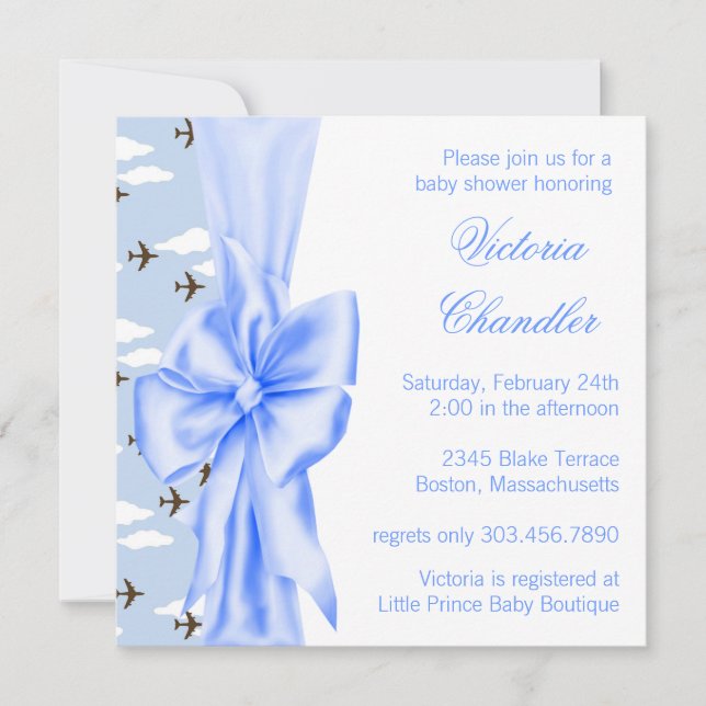 Elegant Blue Aeroplane Baby Boy Shower Invitation (Front)
