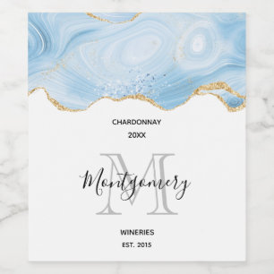 Elegant Blue Agate and Gold Glitter Wine Making Label