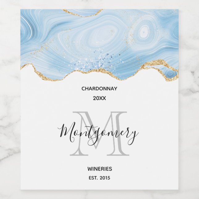 Elegant Blue Agate and Gold Glitter Wine Making Label (Single Label)