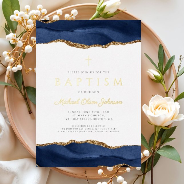 Elegant Blue Agate Boy Baptism Gold (Elegant Blue Agate Boy Baptism Gold Foil Invitation)