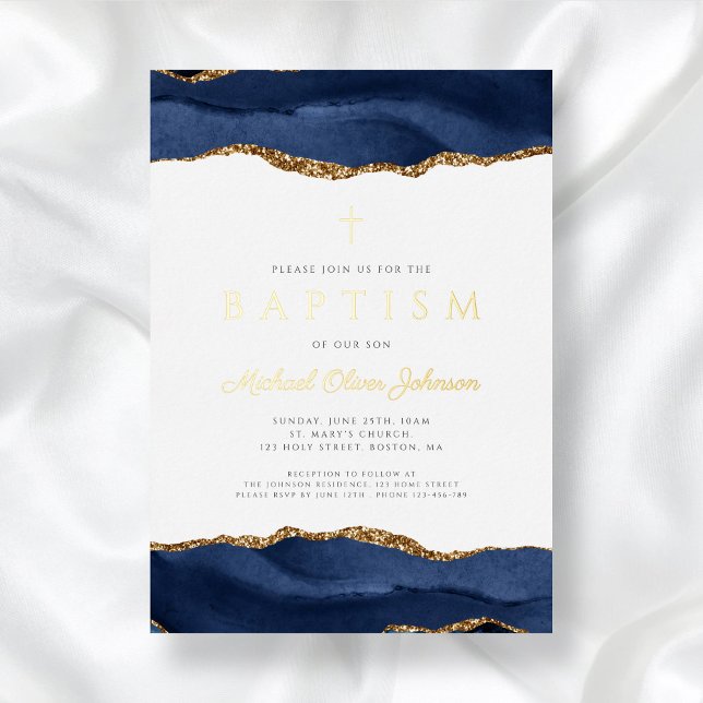 Elegant Blue Agate Boy Baptism Gold (Elegant Blue Agate Boy Baptism Gold Foil Invitation)