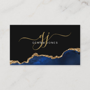 Elegant Blue Agate Gold Glitter Script Monogram Business Card