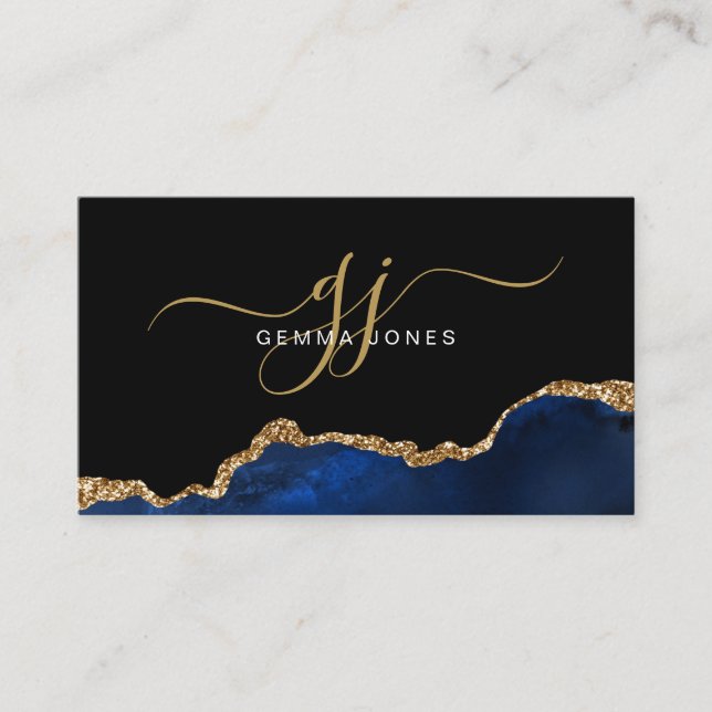 Elegant Blue Agate Gold Glitter Script Monogram  Business Card (Front)