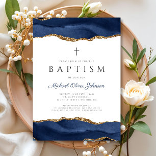 Elegant Blue Agate Religious Baby Baptism Invitation