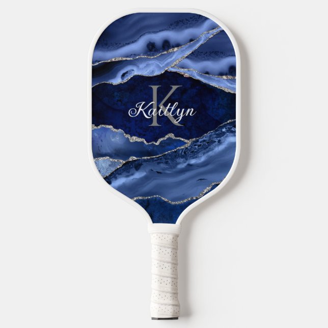 Elegant Blue Agate Silver Glitter Monogram Name Pickleball Paddle (Front)