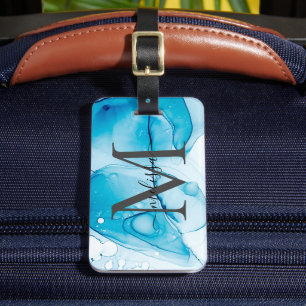 Elegant Blue Alcohol Ink Monogramed  Luggage Tag