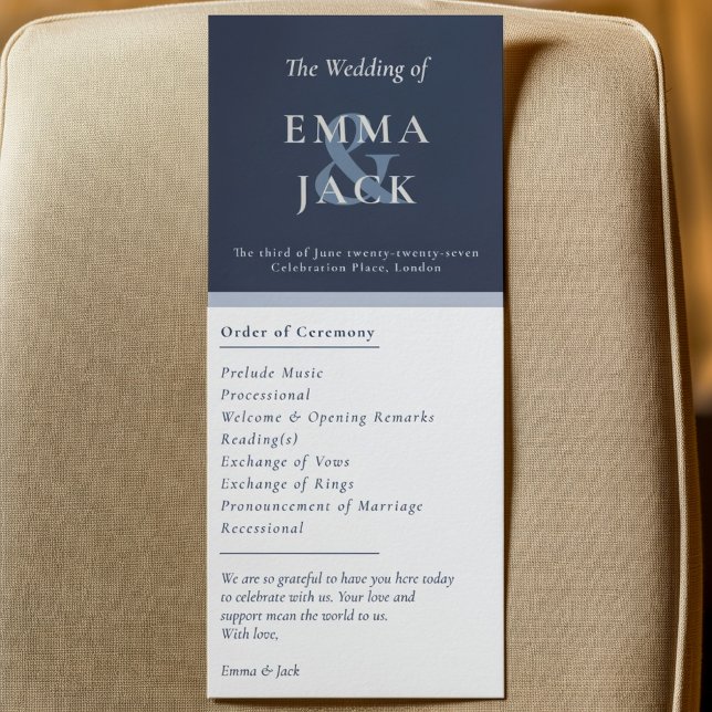 Elegant blue ampersand names wedding program card (Elegant blue ampersand names wedding program card.)