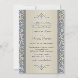 Elegant Blue and Beige Baroque Pattern Wedding Invitation