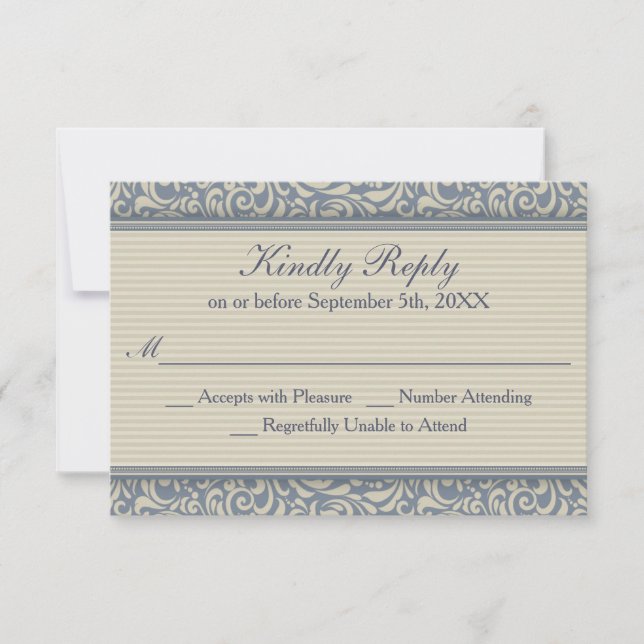 Elegant Blue and Beige Baroque Wedding RSVP Card (Front)